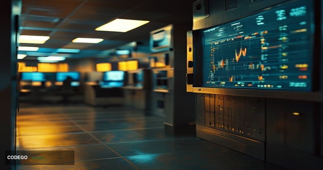 A photorealistic editorial photograph depicting a shuttered digital exchange environment: a darkened trading terminal screen 