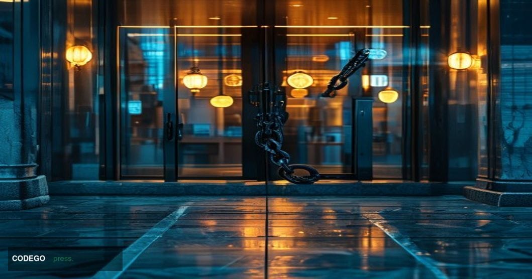 A dramatic cinematic editorial photograph of a shuttered cryptocurrency exchange office entrance at dusk, heavy security chai