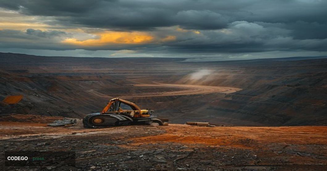 A cinematic editorial photograph of a vast open-cut iron ore mine in Western Australia's Pilbara region at dusk, with massive