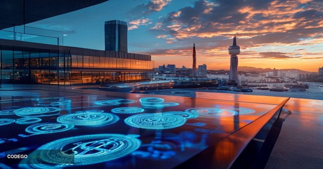 A cinematic editorial photograph set at the intersection of automotive industry and blockchain finance, featuring a sleek mod
