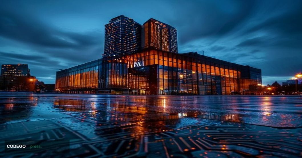 A dramatic editorial photograph of the BaFin headquarters building in Frankfurt, Germany, shot from a low angle at dusk with 