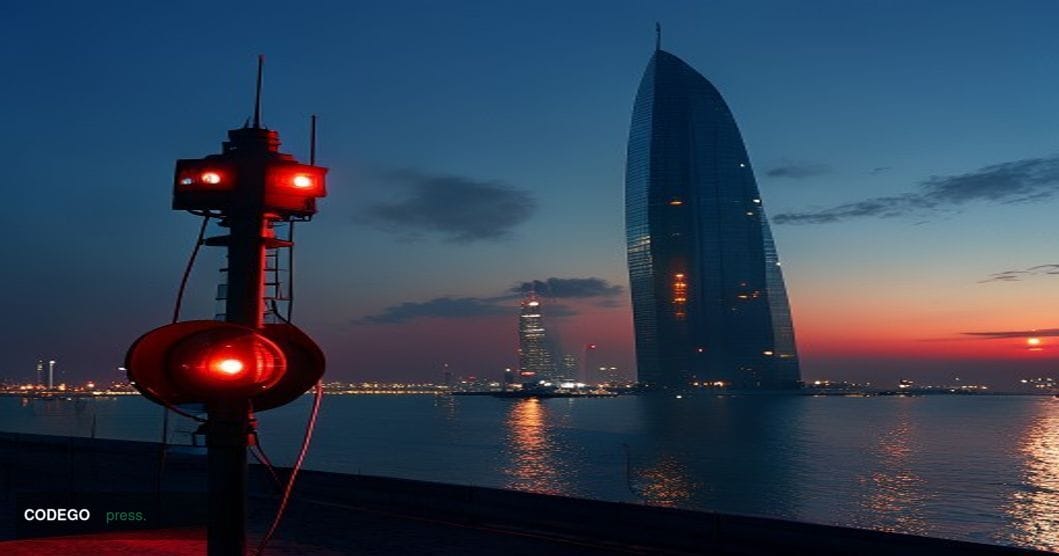 A dramatic cinematic editorial photograph taken at dusk over the Bahrain Financial Harbour twin towers in Manama, their glass