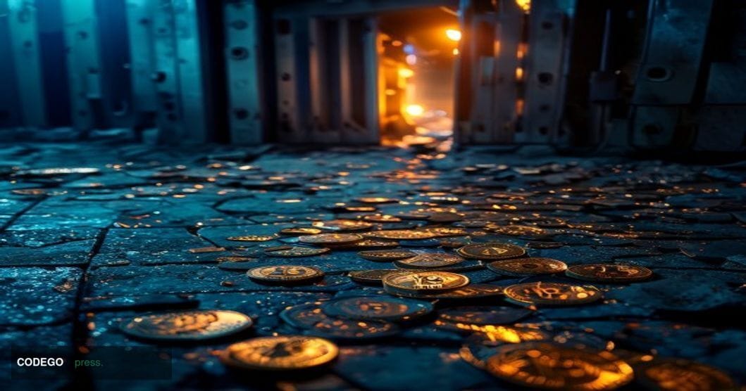A cinematic editorial photograph depicting a shattered digital vault door lying on a cold stone floor, with scattered golden 
