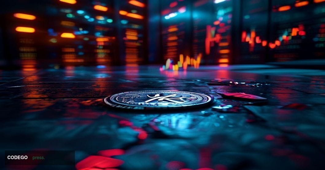 A cinematic editorial photograph set on a dark digital trading floor environment, with a large holographic price chart showin