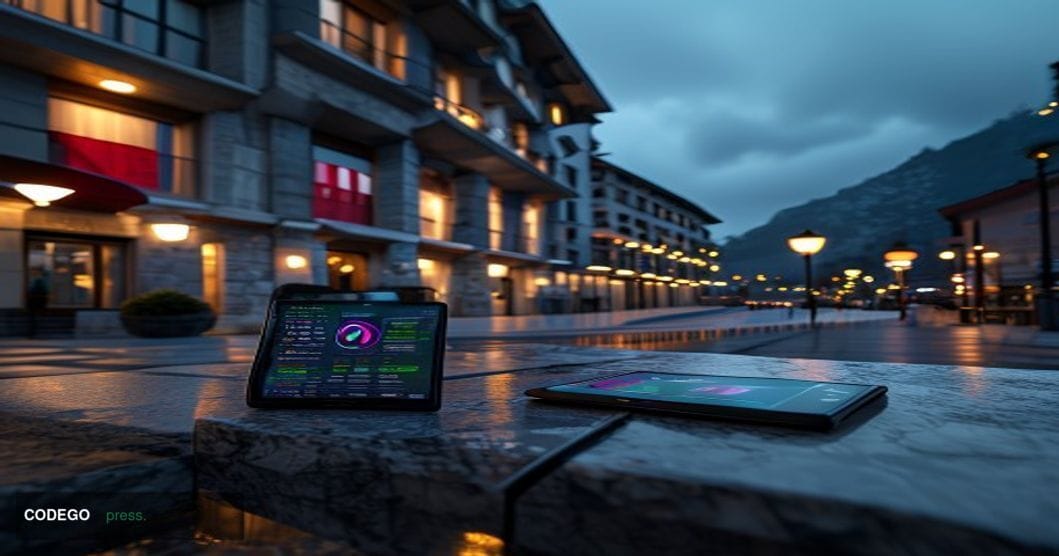 A photorealistic editorial photograph set in Lugano, Switzerland, showing the exterior of a modern Swiss cantonal bank buildi