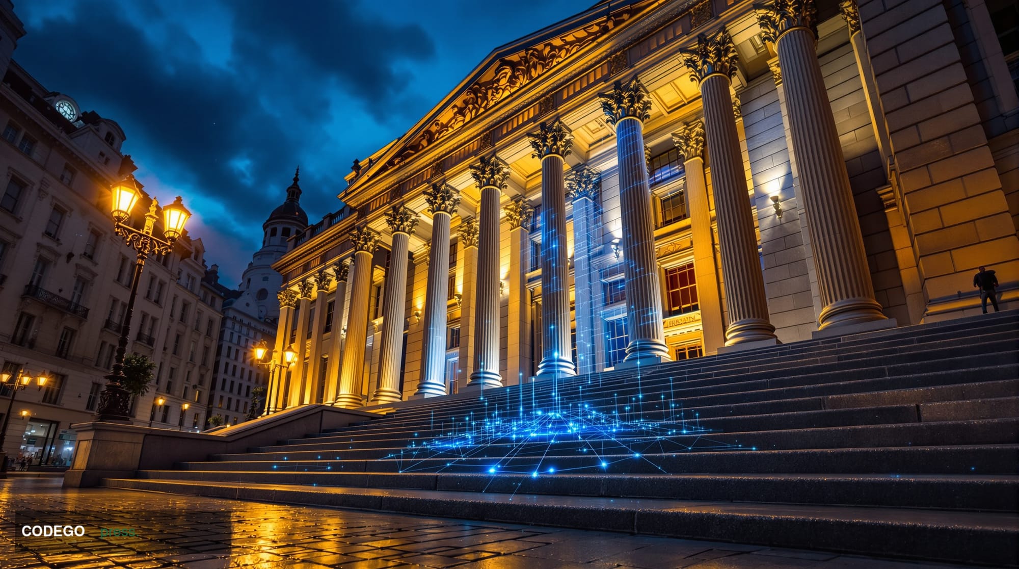 A photorealistic cinematic editorial photograph of the Bank of England's iconic neoclassical Threadneedle Street headquarters