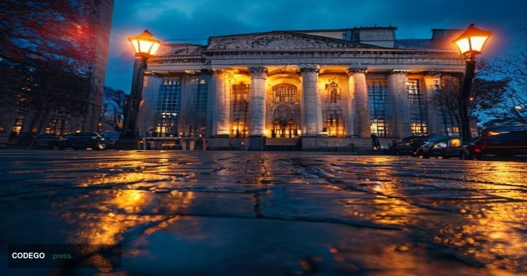 A photorealistic cinematic editorial photograph of the Bank of England's iconic neoclassical Threadneedle Street headquarters