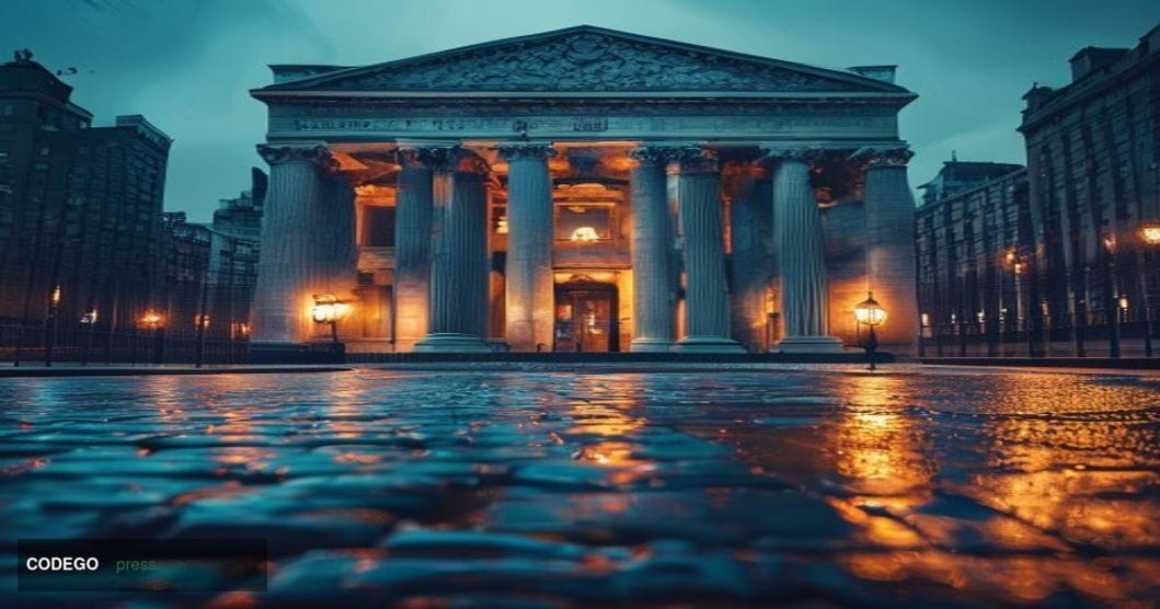 A photorealistic cinematic editorial photograph of the Bank of England's iconic neoclassical stone facade on Threadneedle Str