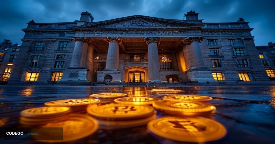A photorealistic cinematic editorial photograph of the Bank of England's iconic neoclassical Portland stone façade on Threadn