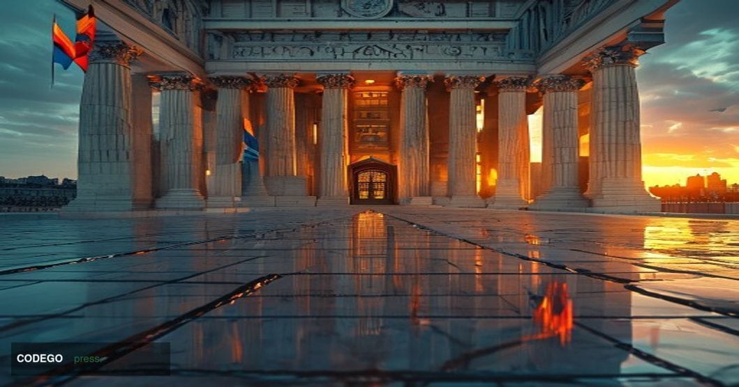 Photorealistic editorial photograph of the Bank of Israel's Jerusalem headquarters building exterior, shot at golden hour wit