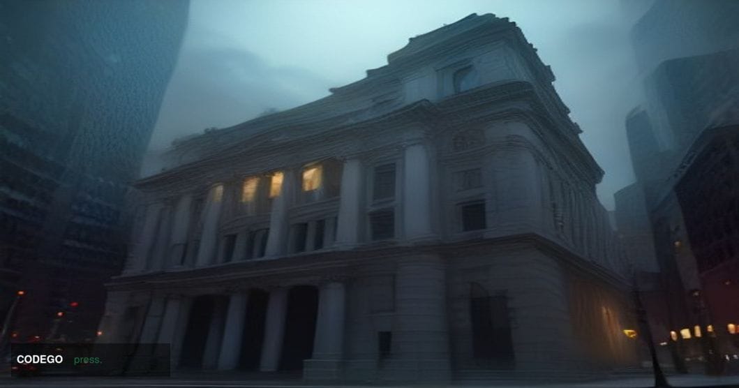 A dramatic cinematic editorial photograph set in Tokyo's financial district, showing the Bank of Japan's imposing neoclassica