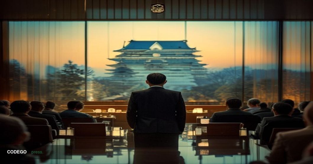 A cinematic editorial photograph set in Hyogo, Japan, with the distinctive Himeji Castle visible in the soft-focus background