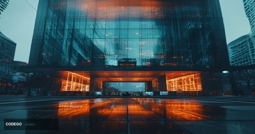 A photorealistic cinematic editorial photograph shot from a low angle looking up at the imposing glass-and-granite facade of 