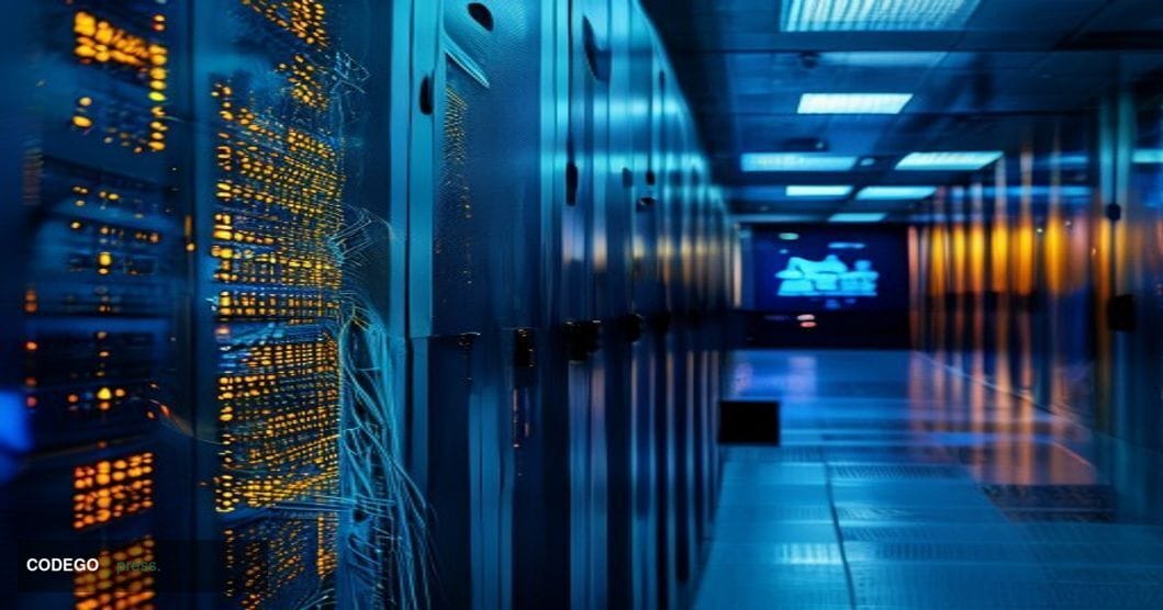 A cinematic editorial photograph set inside a sleek, dimly lit banking data center corridor, with rows of glowing server rack