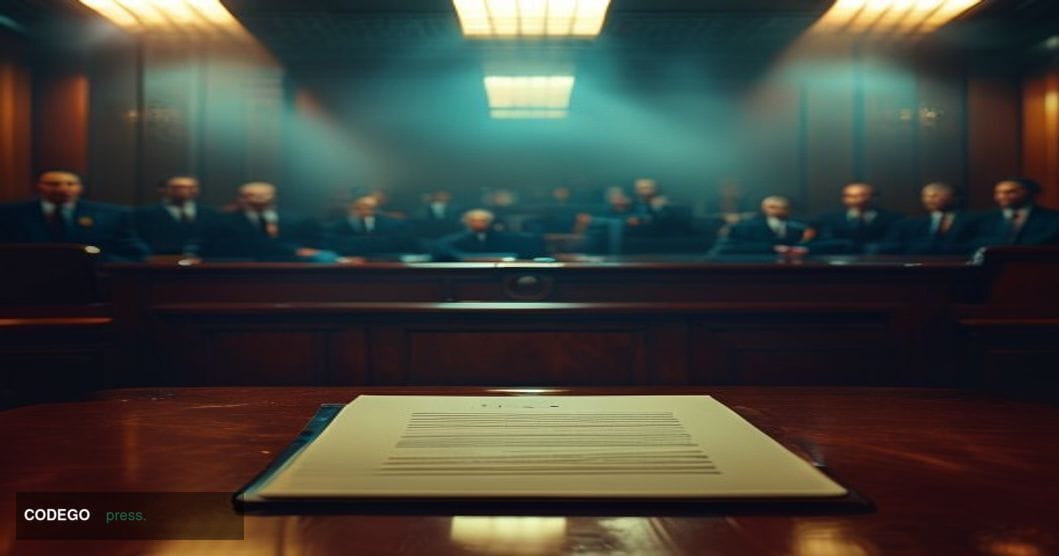 A cinematic editorial photograph set inside a formal financial regulatory hearing room, with an empty witness chair in the sh