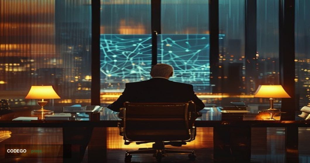 A cinematic editorial photograph set inside a grand, dimly lit boardroom with floor-to-ceiling windows overlooking a hazy cit