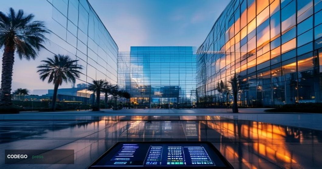 A cinematic editorial photograph of the Robinhood Markets corporate headquarters in Menlo Park, California, shot at golden ho