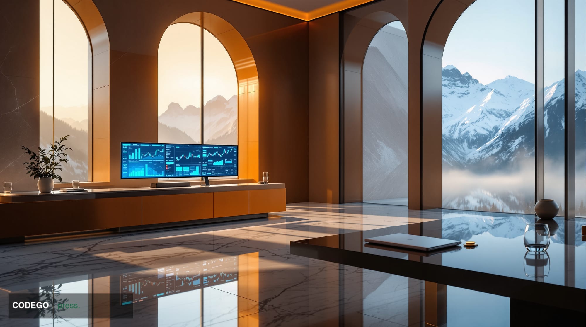 A cinematic editorial photograph of a sleek, minimalist Swiss private banking headquarters interior — marble floors reflectin