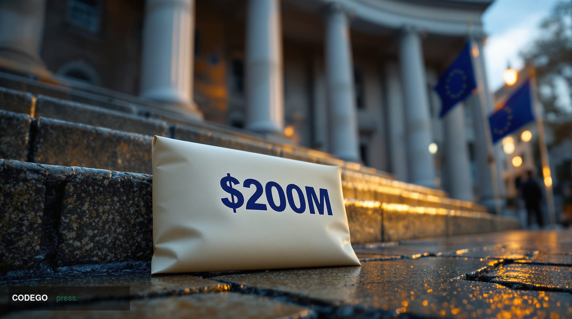 A dramatic cinematic editorial photograph set outside a recognizable London financial district courthouse or legal chamber, w