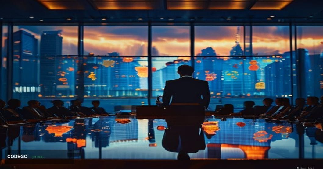 A cinematic editorial photograph set in a modern Singapore financial district conference hall, representing the Reuters NEXT 