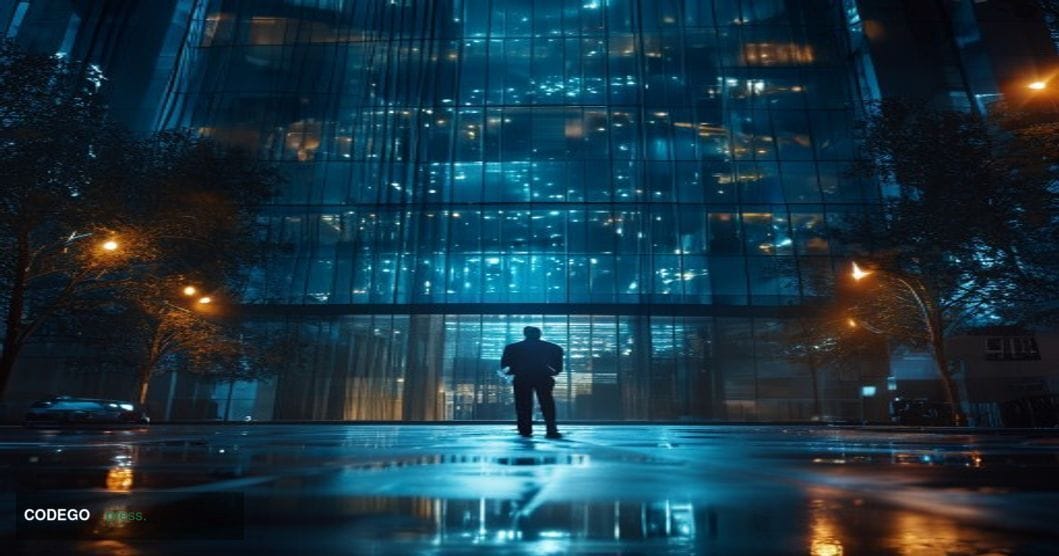 A photorealistic cinematic editorial photograph set at night outside a large corporate exchange headquarters with subtle Bina