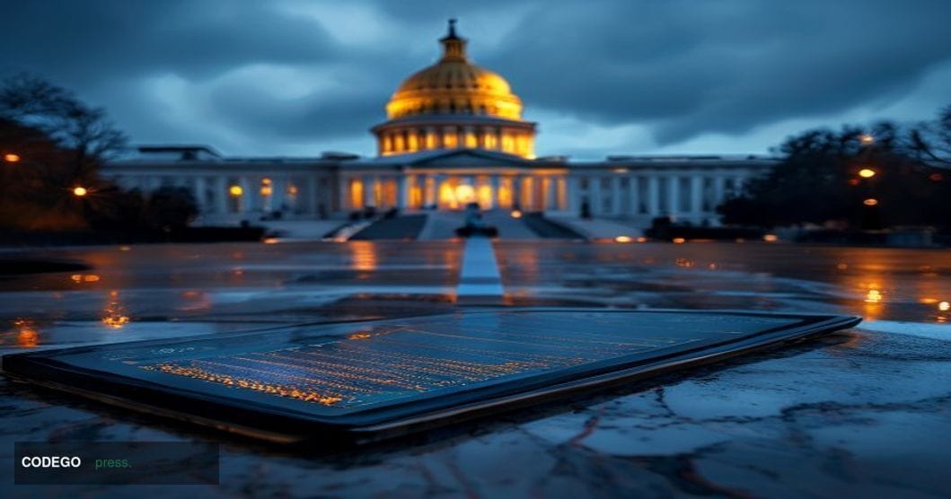 A cinematic editorial photograph set outside a modern glass-and-steel financial regulatory building in Washington D.C., with 