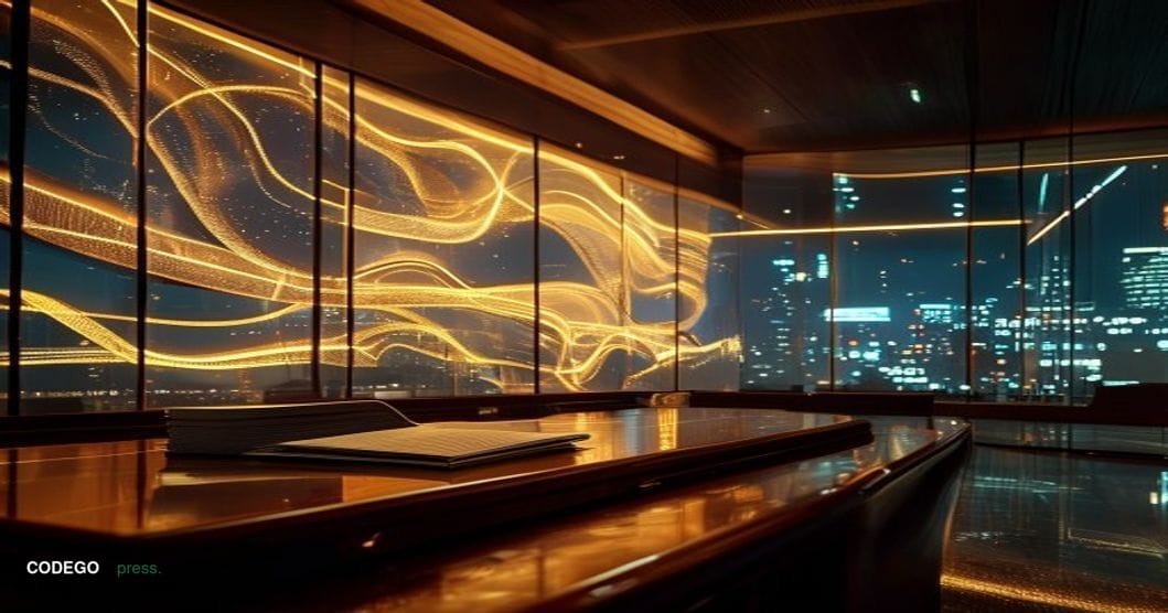 A cinematic editorial photograph set inside a modernist central bank trading floor, featuring large curved screens displaying