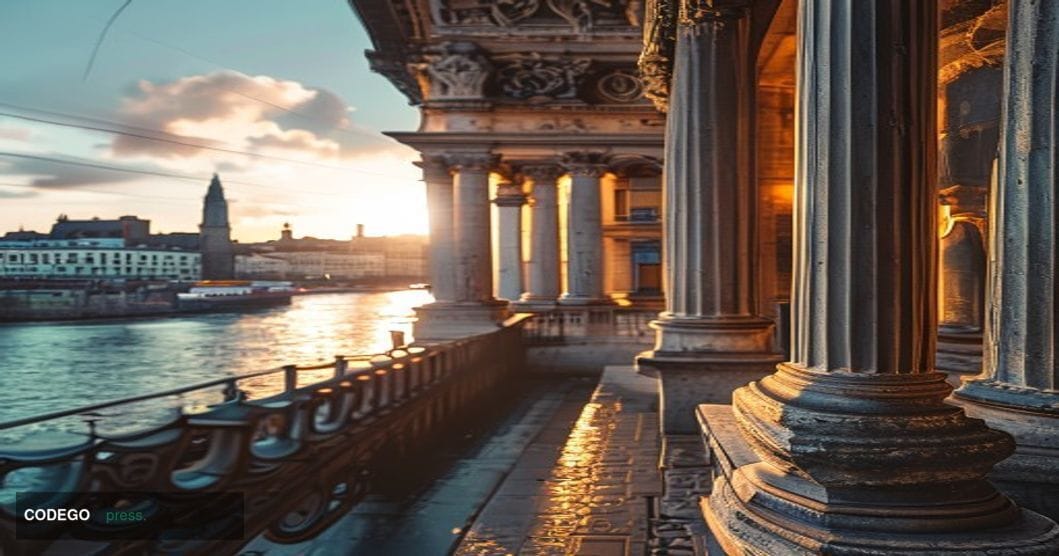 A cinematic editorial photograph of a grand Portuguese banking institution façade in Lisbon, featuring classical stone archit