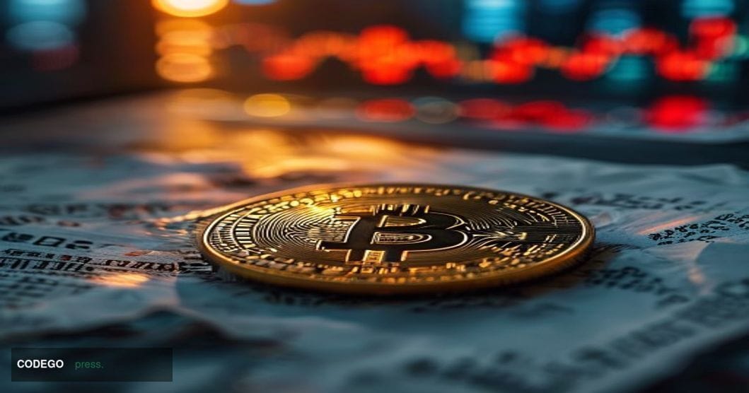 A cinematic editorial photograph capturing a dramatic close-up of a physical gold Bitcoin coin resting on a weathered marble 