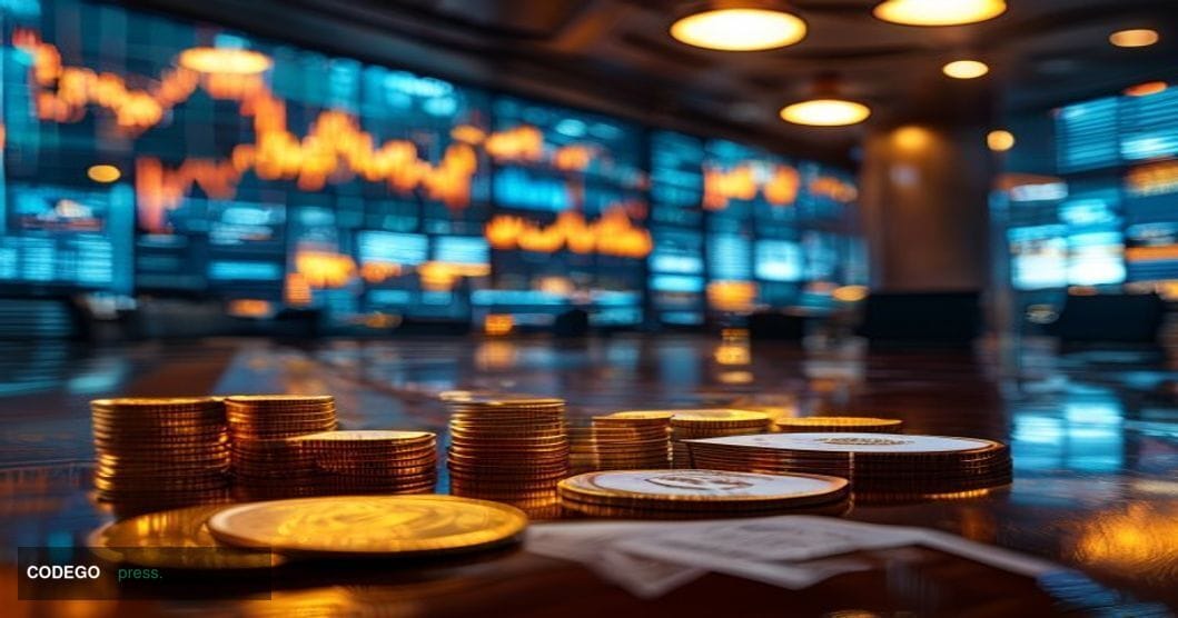 A dramatic cinematic editorial photograph set inside a monumental Wall Street-style trading floor, with towering digital scre