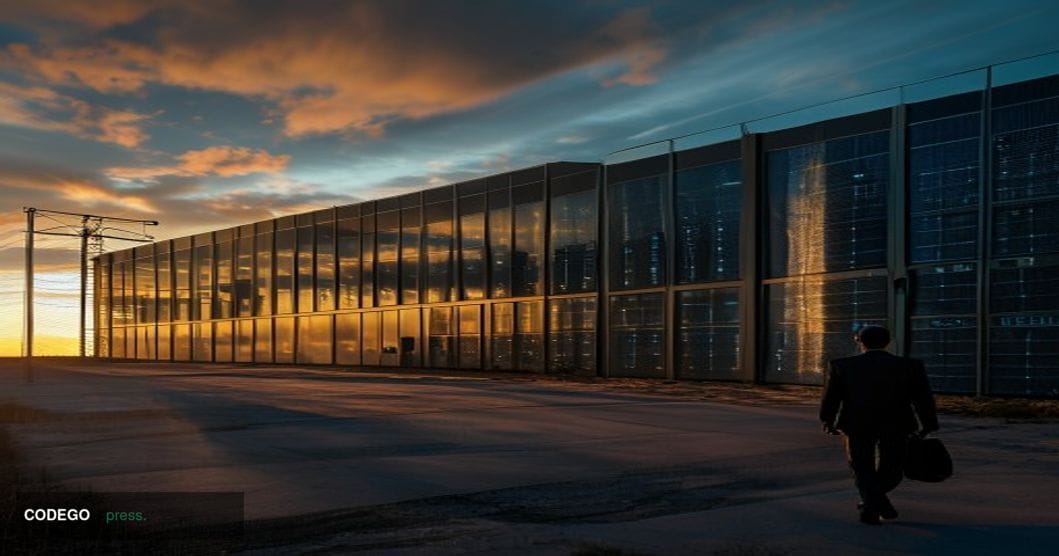 A cinematic editorial photograph shot at low angle looking up at a large data center facility in a flat Texas landscape, with