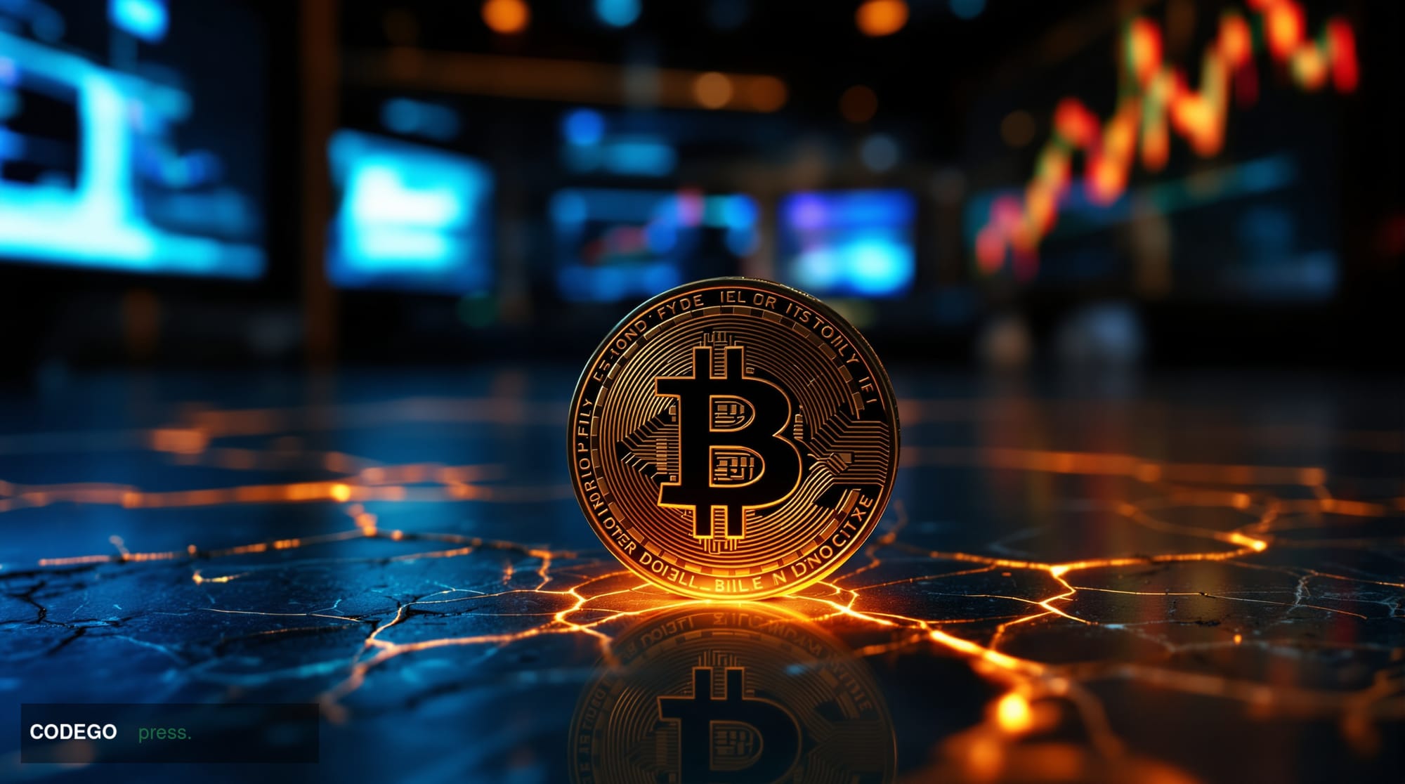 A dramatic close-up editorial photograph of a physical gold Bitcoin coin resting on a cracked, dark marble surface, with a gl