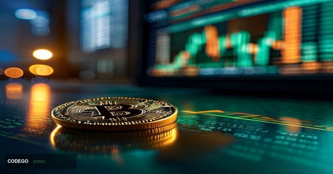 A dramatic cinematic close-up of a gold physical Bitcoin coin resting on a dark reflective trading desk surface, with a glowi