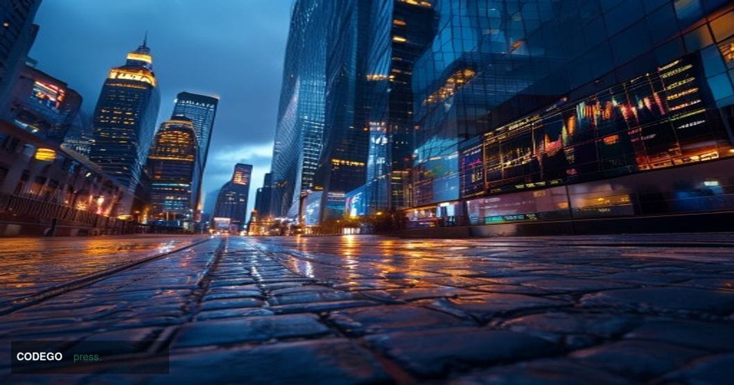 A dramatic cinematic editorial photograph set in a major financial district — specifically the glass-and-steel towers of Cana