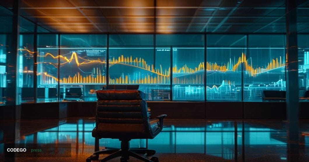 A cinematic editorial photograph of a large digital trading terminal display showing Bitcoin price charts with sharply declin