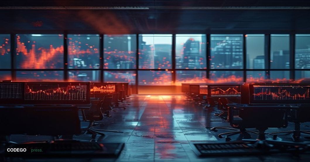 A dramatic cinematic editorial photograph of a shuttered cryptocurrency exchange trading floor, shot from a low angle looking