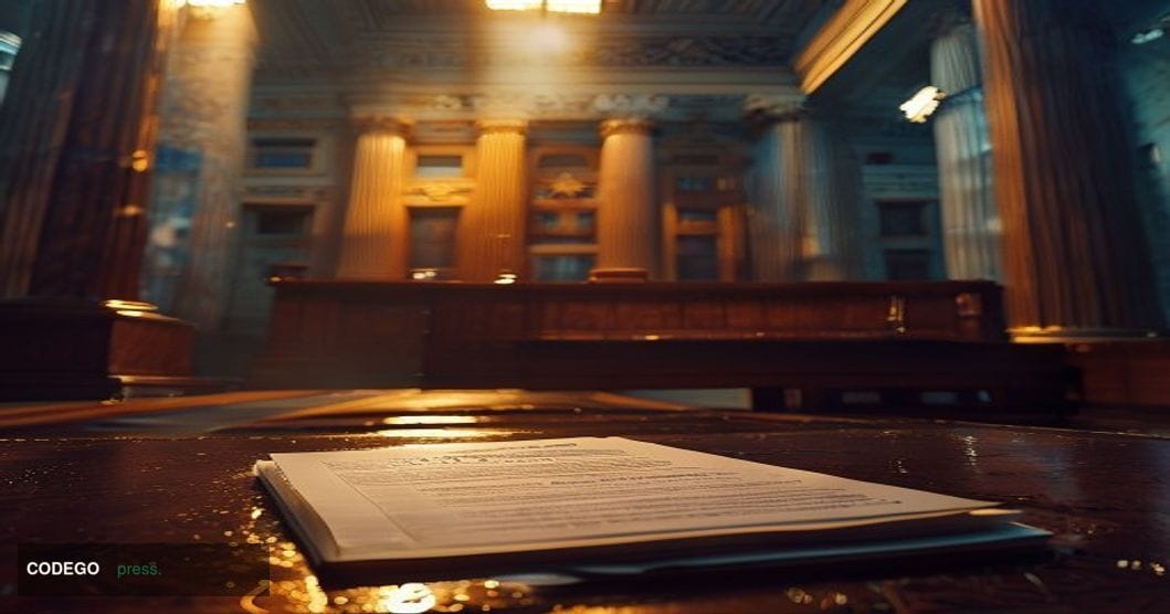 A dramatic cinematic editorial photograph set in a dimly lit federal courthouse interior, shot from a low angle looking up to