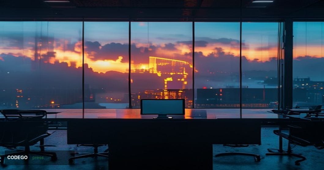 A cinematic editorial photograph of a weathered but once-imposing trading floor environment, shot from a low wide angle looki
