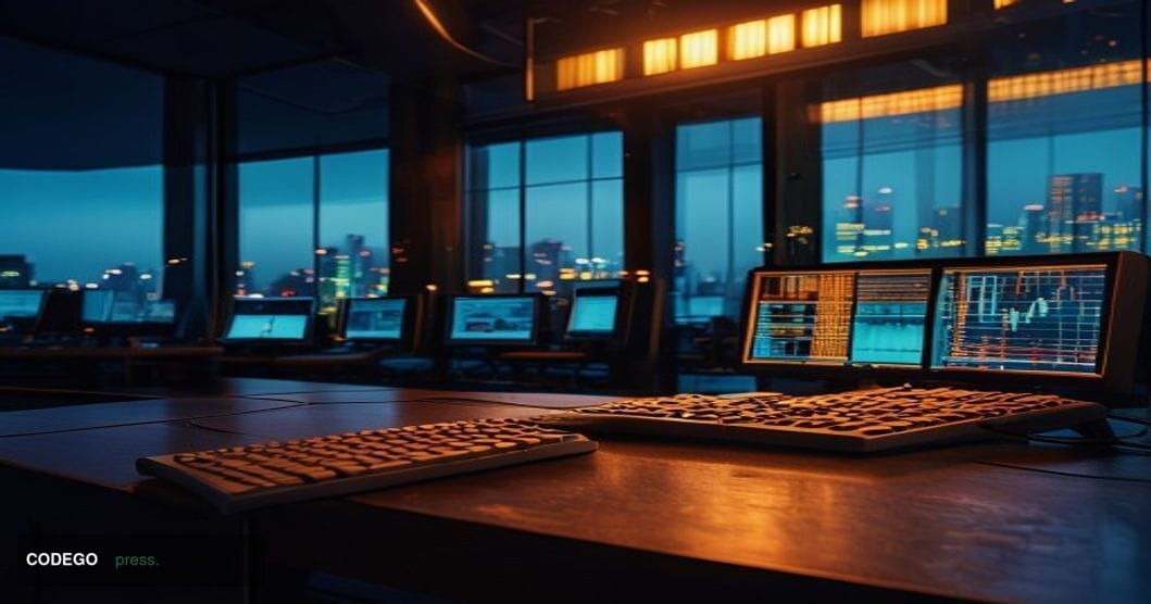 A cinematic editorial photograph of a decommissioned trading terminal in a darkened, high-tech exchange operations room, with