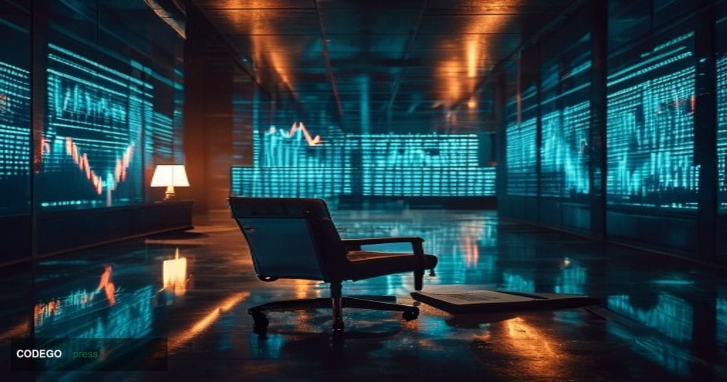 A cinematic editorial photograph of a desolate, dimly lit cryptocurrency trading floor with multiple dark screens displaying 