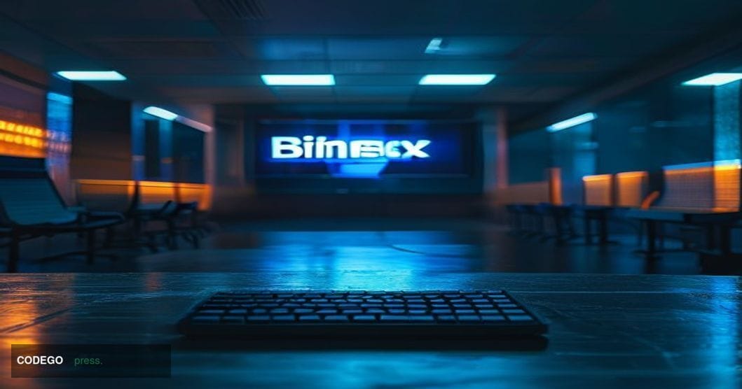 A dramatic cinematic editorial photograph of the BitMEX trading platform logo displayed on a large digital screen inside a di