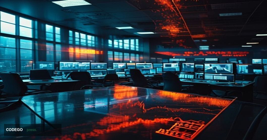 A dramatic cinematic editorial photograph of a once-dominant trading floor environment now going dark — screens powering down