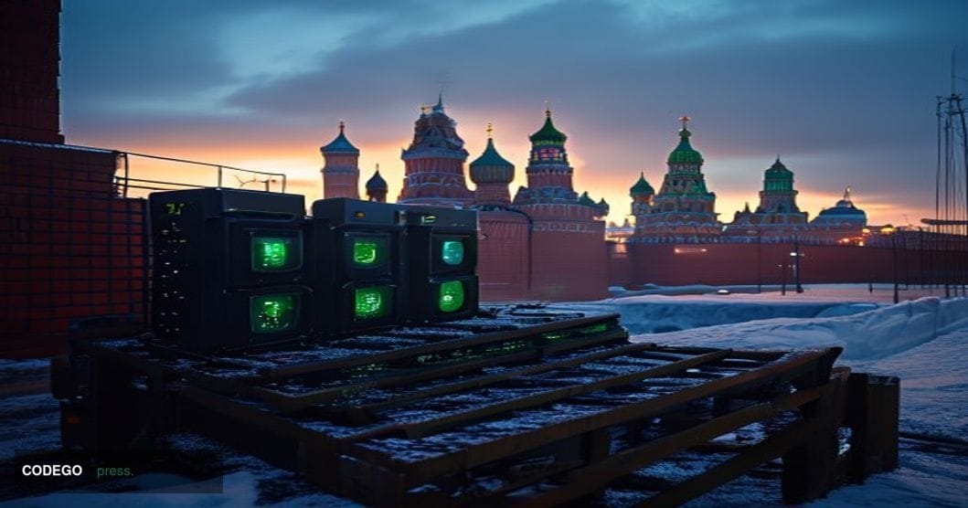 A cinematic editorial photograph set in Moscow, Russia, with the recognizable silhouette of the Kremlin towers and red-brick 