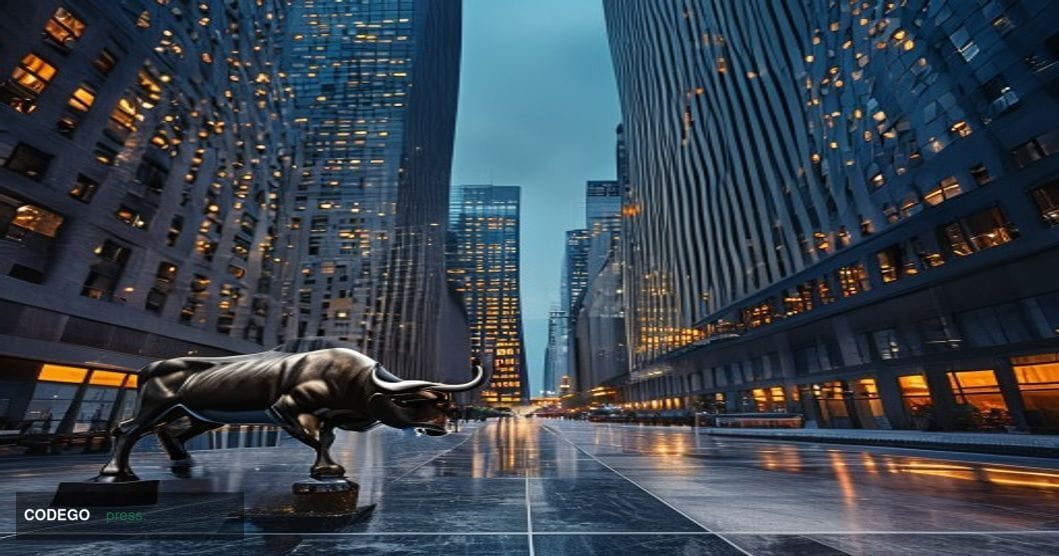 A dramatic wide-angle cinematic photograph taken at the base of a towering Wall Street financial district canyon at dusk, wit
