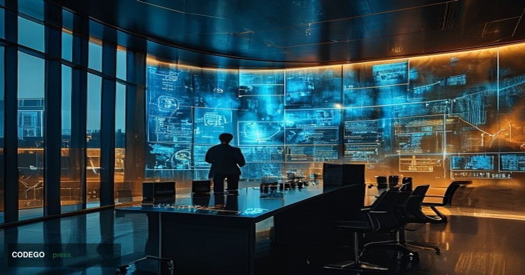 A cinematic editorial photograph set inside a modern high-security financial technology operations center, with a large curve
