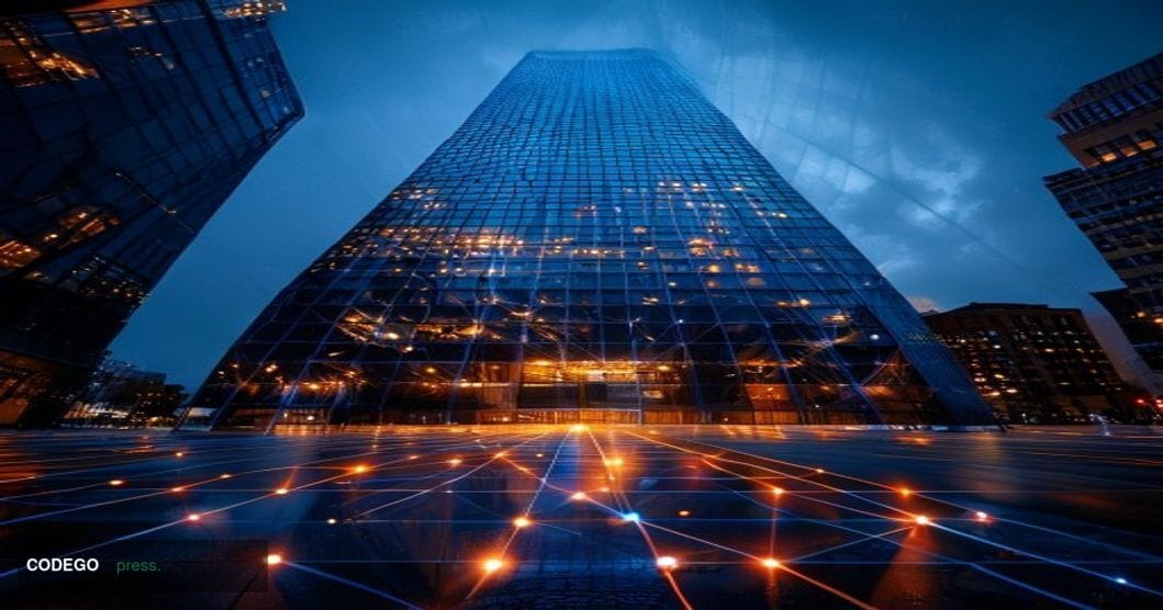 A dramatic cinematic editorial photograph of the BNY Mellon headquarters building in Lower Manhattan, New York City, shot fro