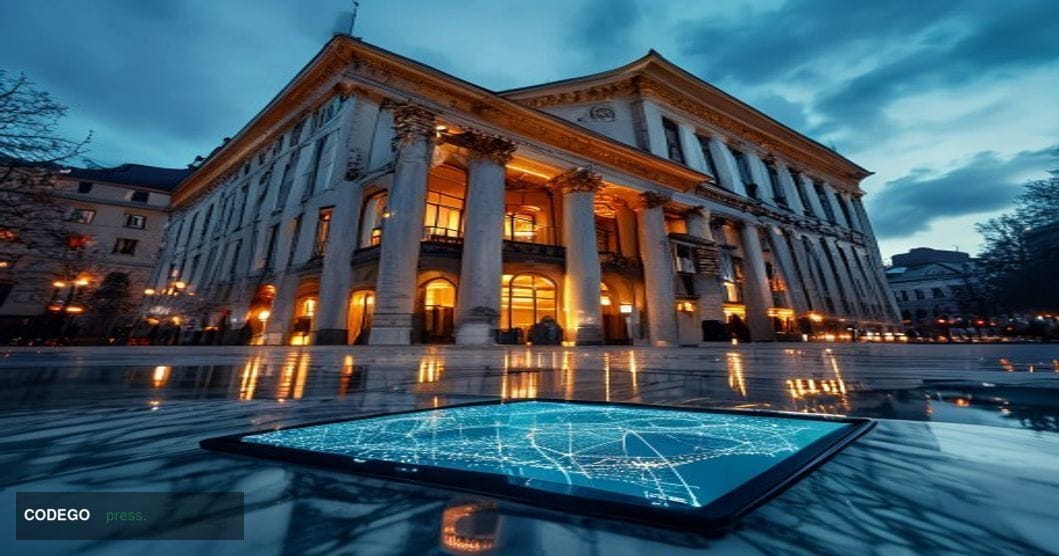 A cinematic editorial photograph of the Boerse Stuttgart stock exchange building in Stuttgart, Germany, at dusk, with warm am