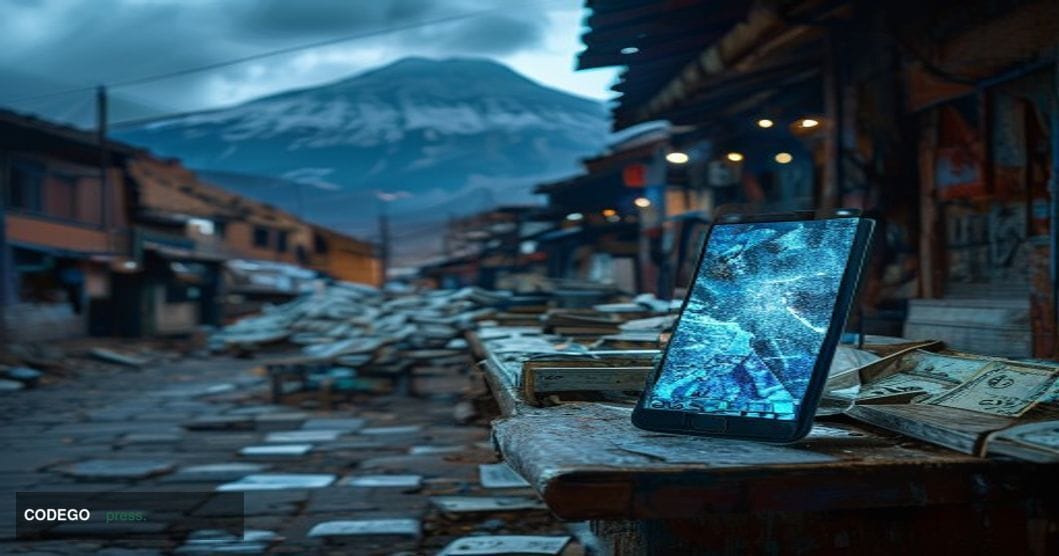 A dramatic cinematic editorial photograph set in La Paz, Bolivia, with the iconic Illimani mountain visible in the background