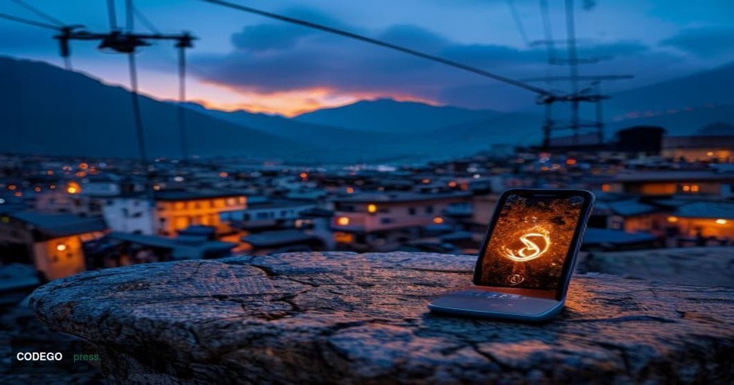 A cinematic editorial photograph set in La Paz, Bolivia, with the dramatic Andean skyline and the iconic cable car network (M