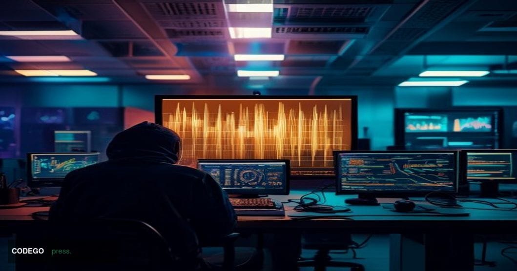 A dramatic cinematic editorial photograph set inside a darkened cryptocurrency trading operations room, bathed in cold blue a